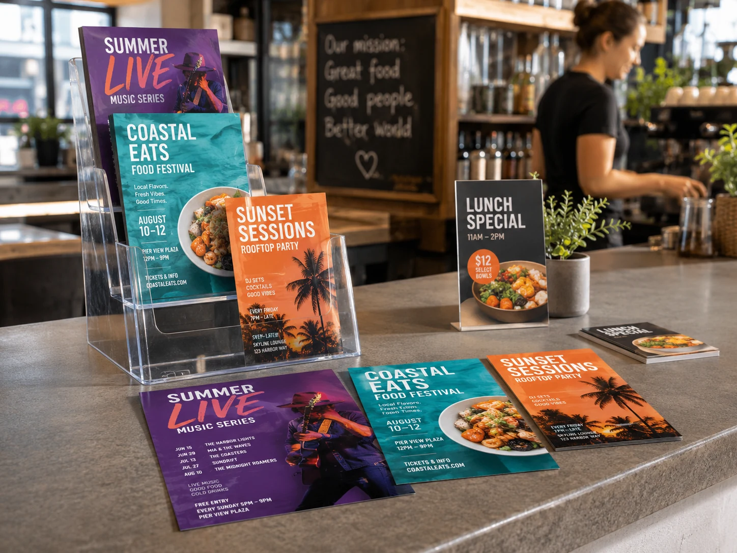 Flyere promoționale printate pentru campanii, restaurante, evenimente și retail