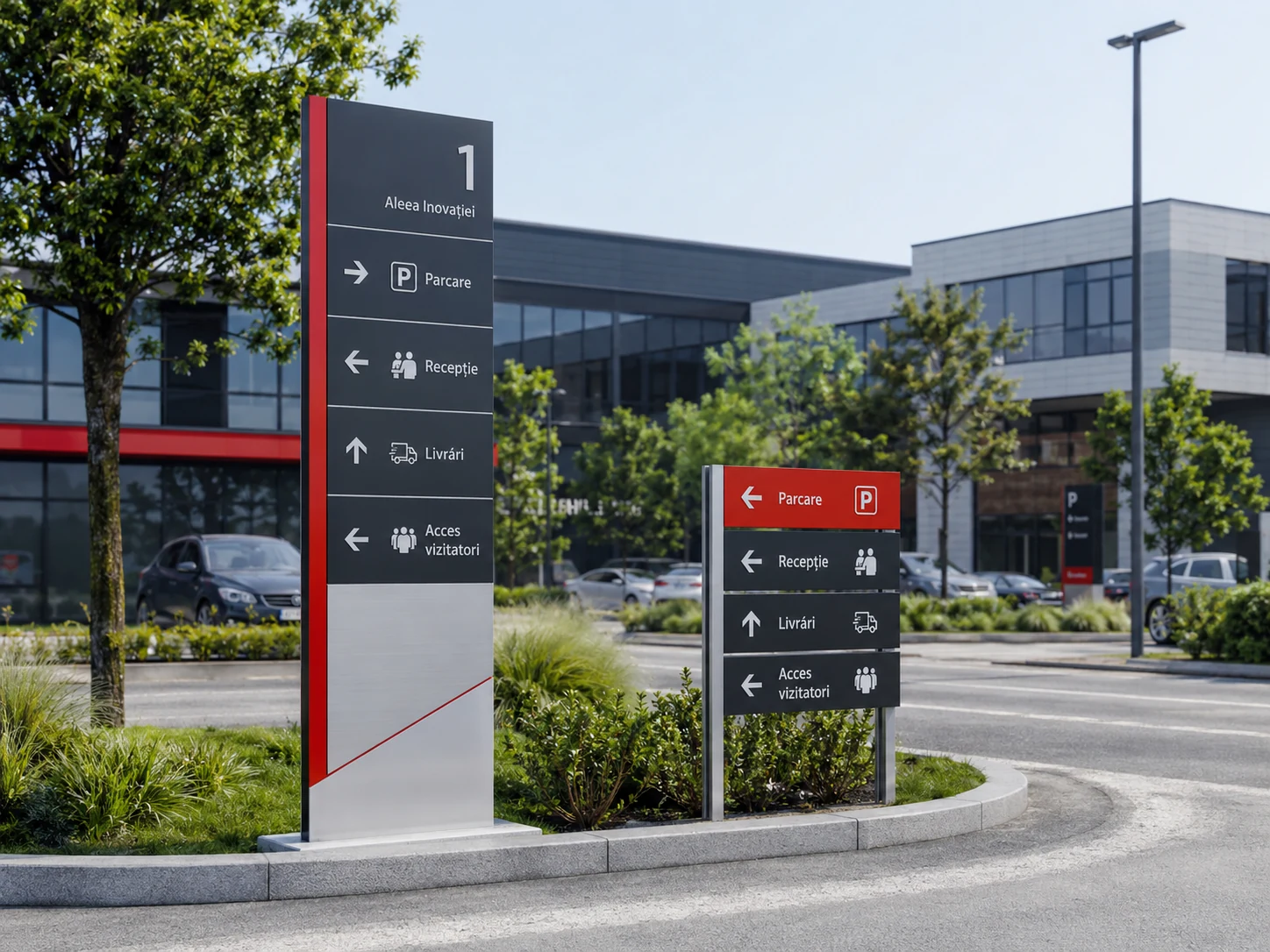 Panouri direcționale exterior pentru parcări, fațade și ghidare în spații comerciale